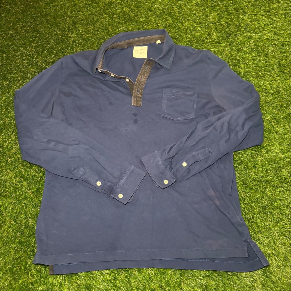 Billy Reid Mens XL Navy Blue Long Sleeve Cotton Polo Shirt Chest Pocket Peru